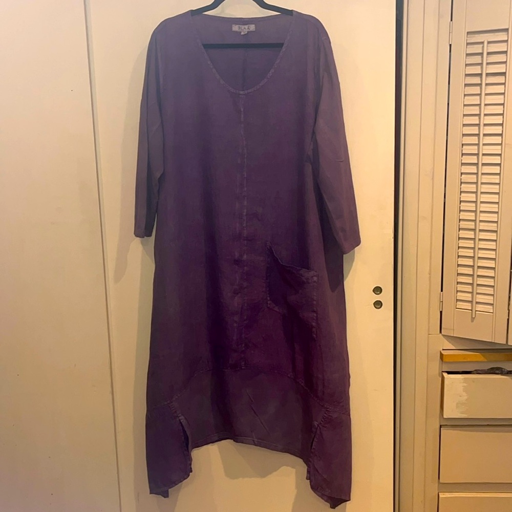 Flax size Medium lagen style linen cotton long sleeve dress purple